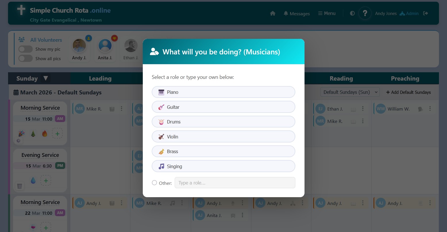 Drag and drop volunteers and assign roles with a click